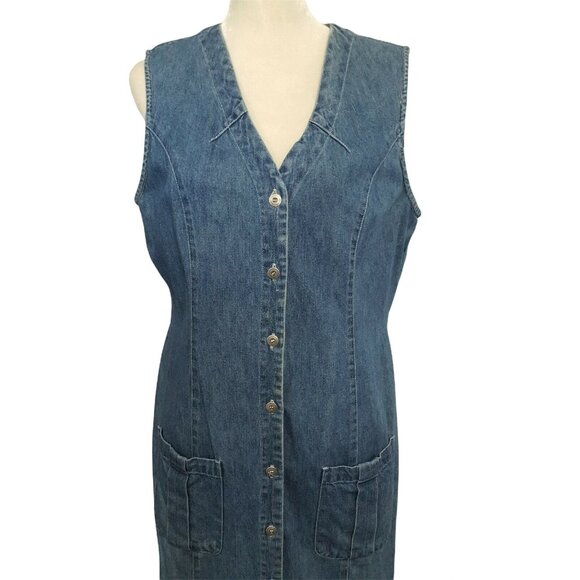 Womens Vintage Jean Dress Duster Womens Size 16 Long Western Sleeveless Buttons - Picture 2 of 8